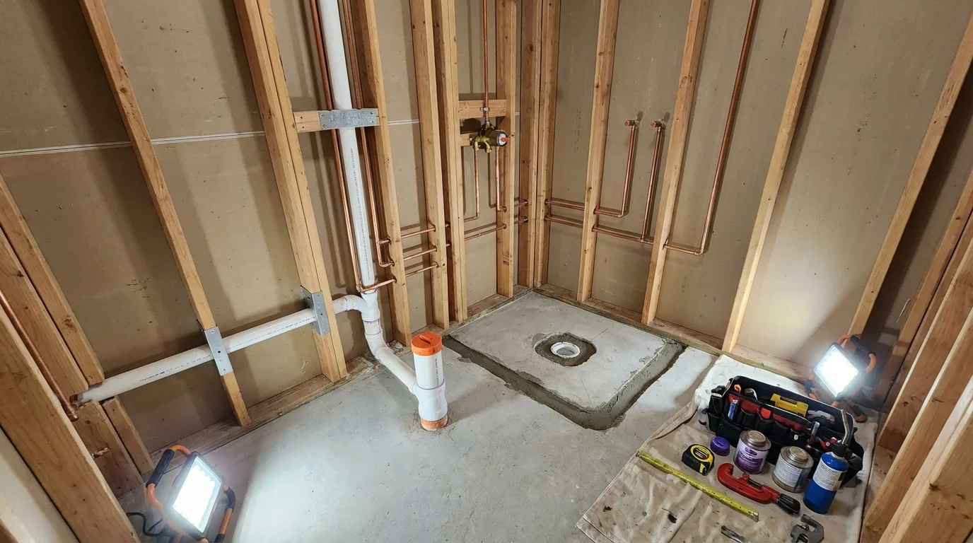 Bathroom rough-in plumbing during remodel by Johns Plumbing LLC in Kiowa