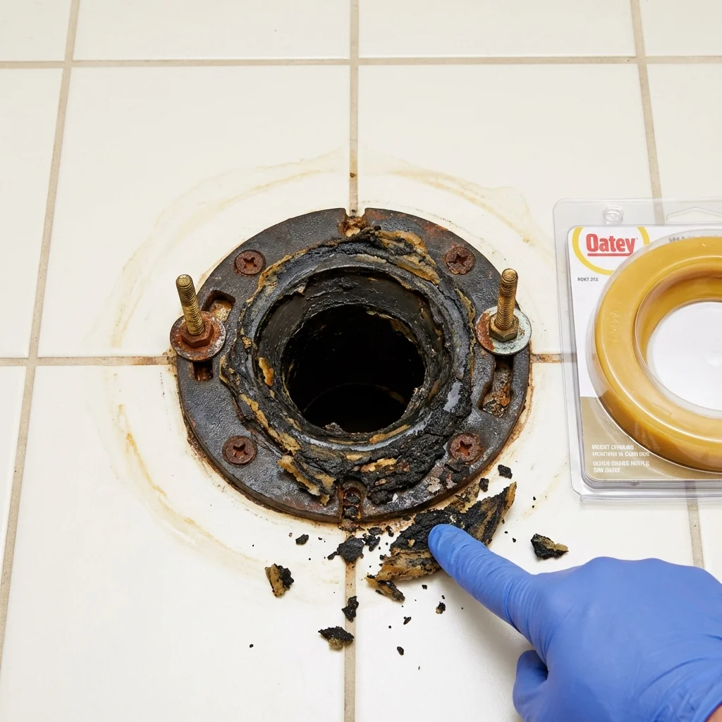Failed wax ring showing water seepage at the base of a toilet in a Kiowa, CO home