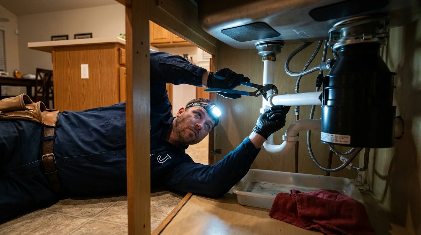 P-trap and supply line connections under a kitchen sink showing a common leak point in Kiowa, CO